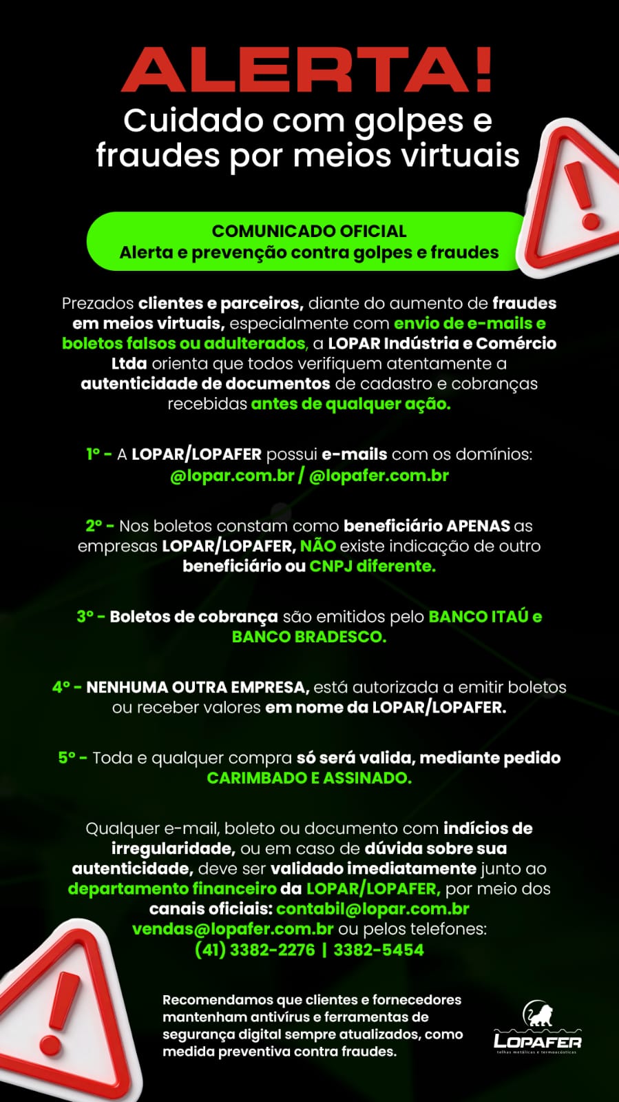 Comunicado oficial - alerta contra golpes e fraudes